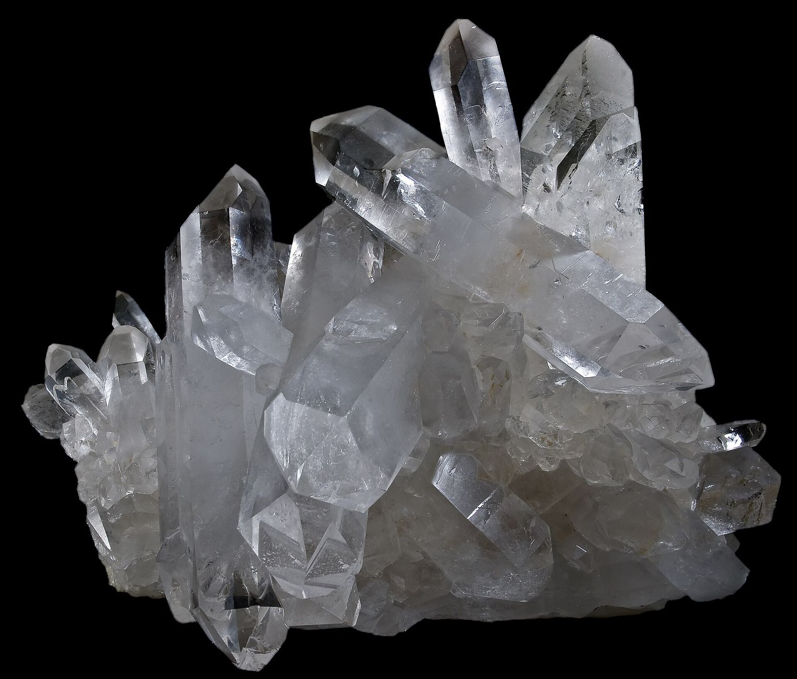 A cluster of clear quartz crystals